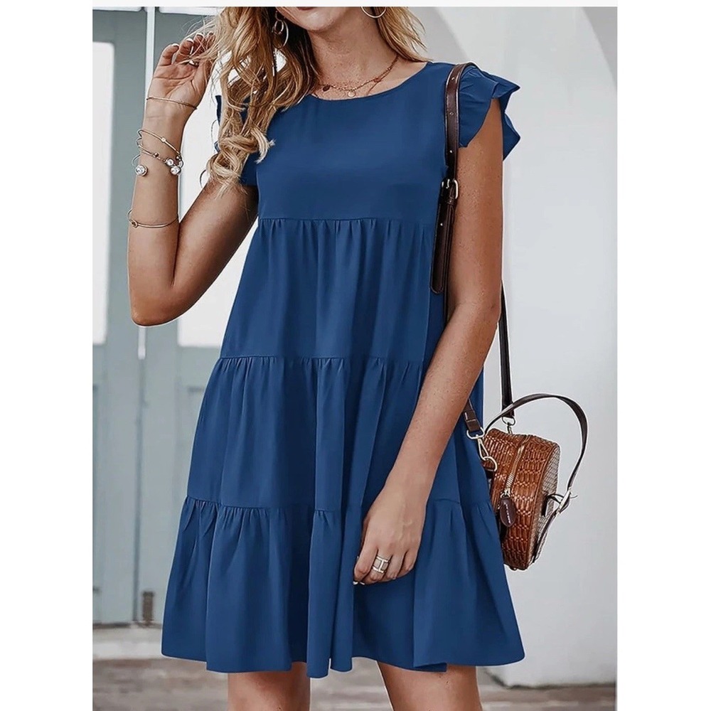 KIRUNDO Womens Blue Tiered Ruffle Sleeve Mini Babydoll Dress NWT Size L